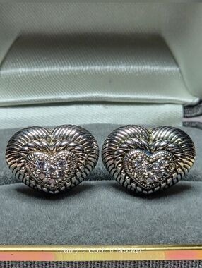 Judith Ripka Heart Shaped Diamonique & Sterling Silver Earrings w/Omega Backs